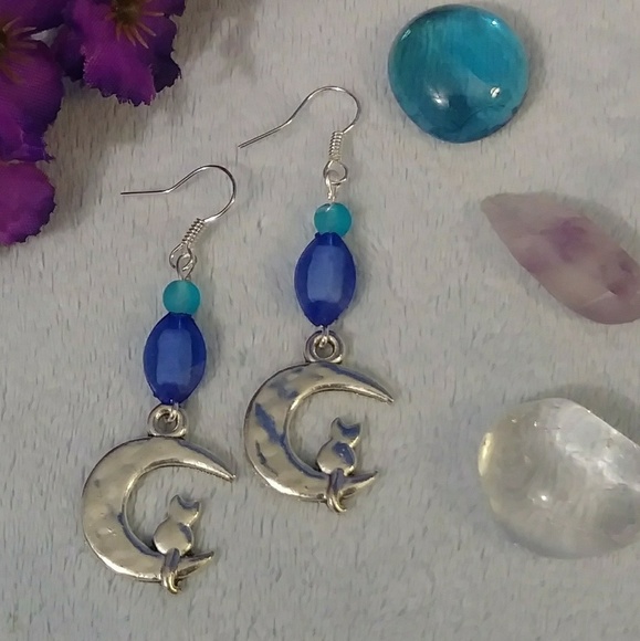 Cat On The Moon Silver Blue Beaded Earrings - Picture 2 of 3